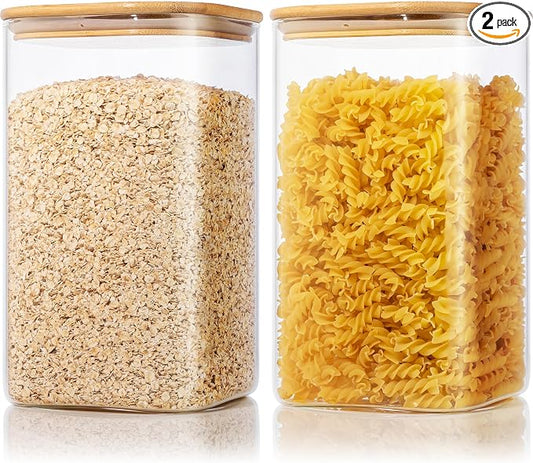 168oz 2 Pack Large Glass Storage Containers with Lids for Pantry Storage | Square Borosilicate Glass Jar with Airtight Lid Keep Flour, Sugar & Rice Fresh, Fit 10lb Bag, BPA-Free for Pantry Organizer