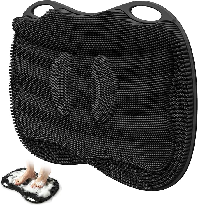 Shower Foot Scrubber Mat in Shower XL, Silicone Exfoliating Bathtub Safety Mat Massage Non-slip Suction Cups Scrubber Foot Toes Clean Pad without Bending Achy Relief 17.4 * 13.4" Black