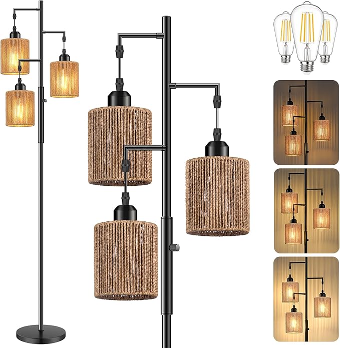 Hotsonic 72" Tall Boho Rattan Style Floor Lamp with Hand-Woven Paper Cord Shade, Dimmable Industrial Tree Standing Lamp for Living Room, Bedroom, Study Room, Office (3 x 800LM Bulbs Included) - Black