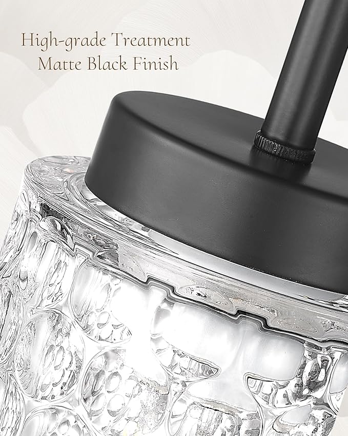 FEMILA 4" Black Pendant Light, Hammered Glass Chandelier, Dining Room Light Fixtures Over Table, 4FY86MIL-3PK BK