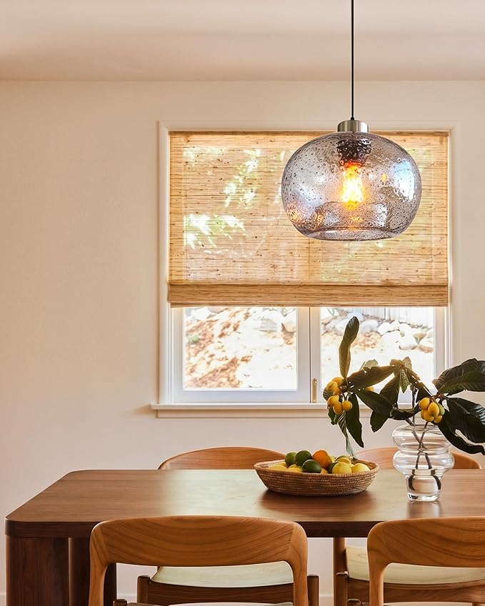 CASAMOTION Handblown Glass Pendant Lighting Drop Ceiling Lights, Modern Rustic Hanging Light Clear Seeded Glass with Black Marble, Brushed Nickel Finish, 8.7 Inch Diameter