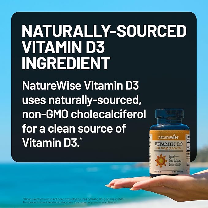 NatureWise Vitamine D3 2000 UI (50 µg) Approvisionnement de 90 jours pour le soutien immunitaire, la fonction musculaire saine et la santé des os - Sans OGM, sans gluten dans de l'huile d'olive extra vierge biologique, (mini-capsule molle), 90 unités