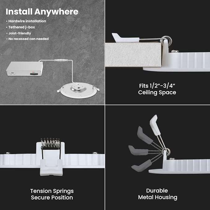 Feit Electric 4" LED Canless Recessed Downlight with Night Light Mode and Integrated J-Box, 75W EQ, Dimmable, 5CCT Selectable White, 90 CRI, 850 Lumens, 45-Year Lifetime, LEDR4XT/HO/NL5CCTCA4, 4 Pack