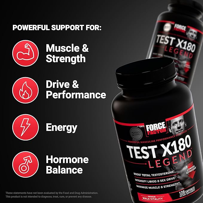 Force Factor Test X180 Legend Testosterone Booster for Men to Build Muscle & Strength, Performance, Testosterone Supplement for Men’s Health, Testosterone Support, 120 Capsules