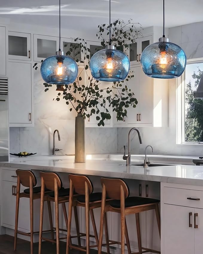 CASAMOTION Glass Pendant Lights Kitchen Island Modern Farmhouse Blue Ceiling Hanging Light Fixtures Globe Over Table Sink Foyer Entryway Brushed Nickel 8.7 Inch Diameter