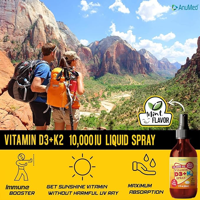 Vitamine D3 K2 10 000 UI Spray liquide avec huile de TCM biologique, Vitamine A (Rétinol) 1250mcg, K2 (MK4, MK7) Favorise la santé du cœur, des os, du système immunitaire. 100% végétalien, sans OGM, sans gluten, sans sucre ajouté (60 ml)