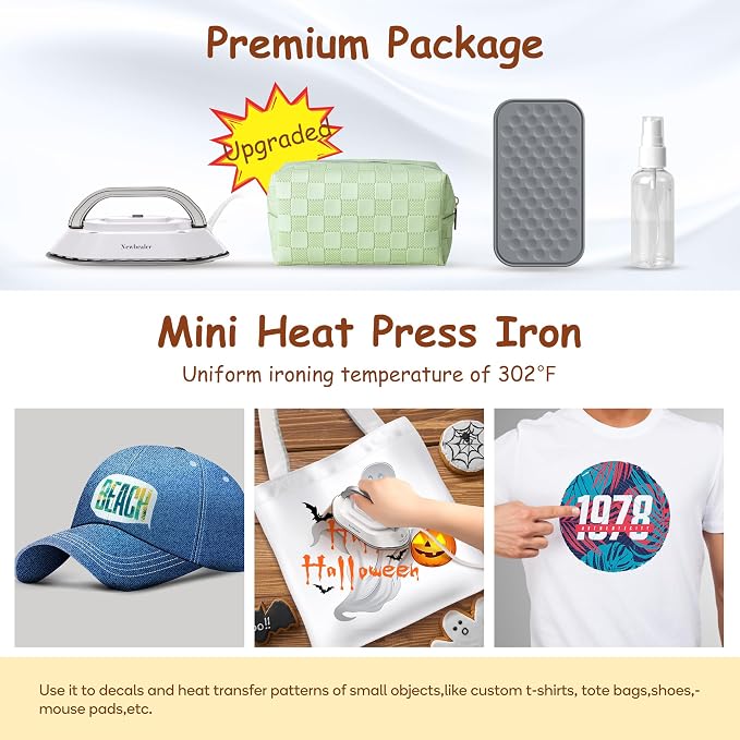 Newbealer Travel Iron Set, 100-240V Mini Dry Iron for Clothes (No Steam) | Max 300W, Heats in 60s, 302℉ Ceramic Soleplate, Handy Heat Press, 0.8lbs Lightweight for Quick Touch-ups Worldwide (Silver)