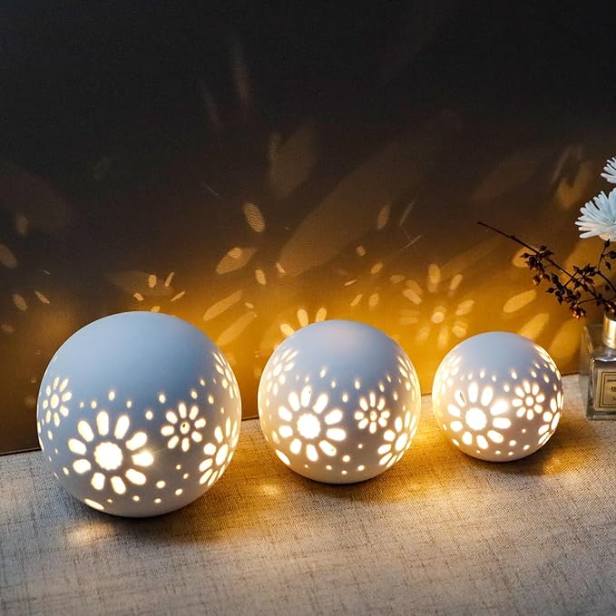 JHY DESIGN Set of 3 Ceramic Decorative Lamp 5" H Battery Powered Lamp Floral Carved Cordless Lamp Great for Living Room Bedroom Weddings Parties Patio Events (White)