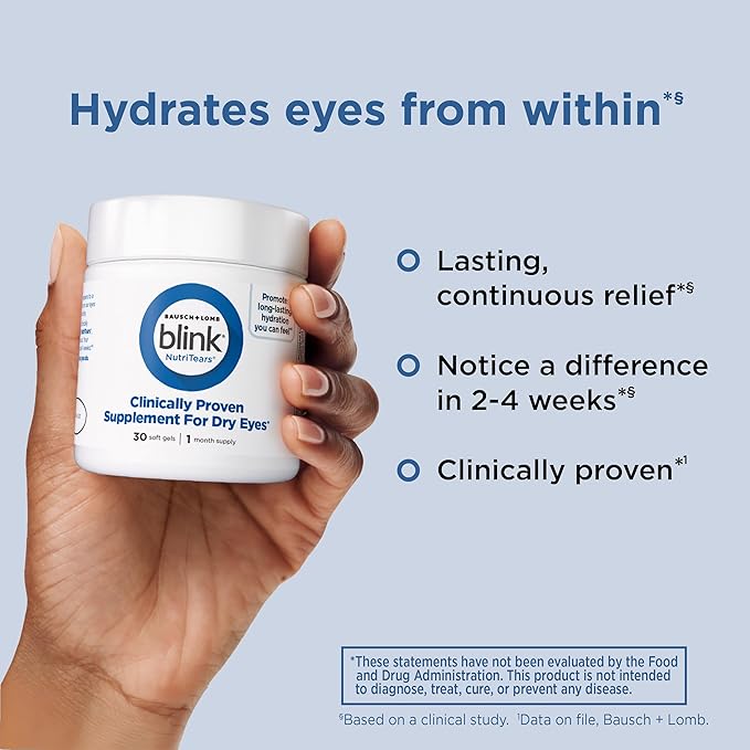 BLINK NutriTears Clinically Proven Supplement for Dry Eyes, Eye Care with Lutein & Zeaxanthin and Vitamin D to Hydrate Eyes from Within for Long-Lasting Relief, 30 Day Supply, 1 Softgel Per Day