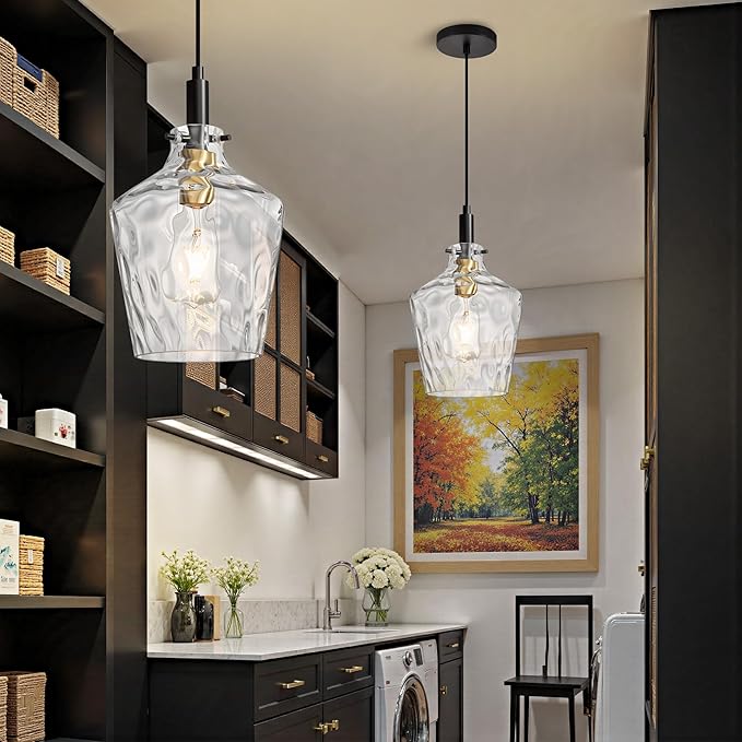 Modern Hammered Glass Pendant Lighting for Kitchen Island 1 Pack, Farmhouse Black and Gold Pendant Light Fixtures, Height Adjustable Ceiling Pendant Light, 8 Inch