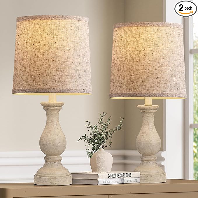 Seealle Farmhouse Table Lamps Set of 2 - Rustic Lamp for Bedroom Living Room, 22" Boho Bedside Lamps for Night Stands End Table Office Desk Lamp Nightstand Clearance with Linen Shades(Antique White)