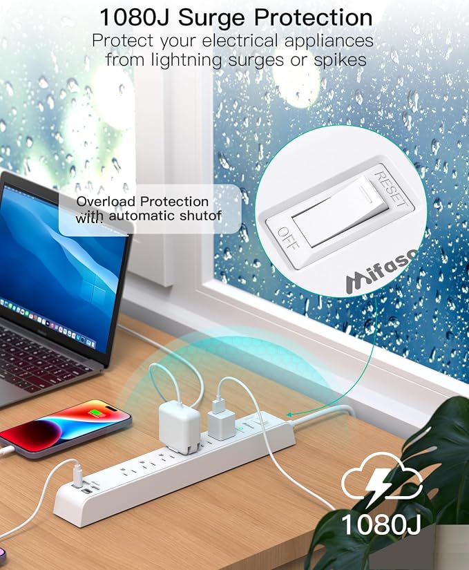 2 Pack Power Strip, Extension Cord 15FT, Surge Protector with 6 Outlets and 4 USB Ports (2 USB C), Flat Plug Overload Protection, Extension Cord with Multiple Outlets, Wall Mount for Home Dorm College