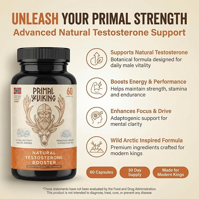 Primal Viking Men Wellness and Vitality Supplement Natural Support Capsules, Primal Viking Men Wellness and Vitality Advanced Formula, Overall Health Wellness, 60 Capsules for 1 Month (Pack of 1)
