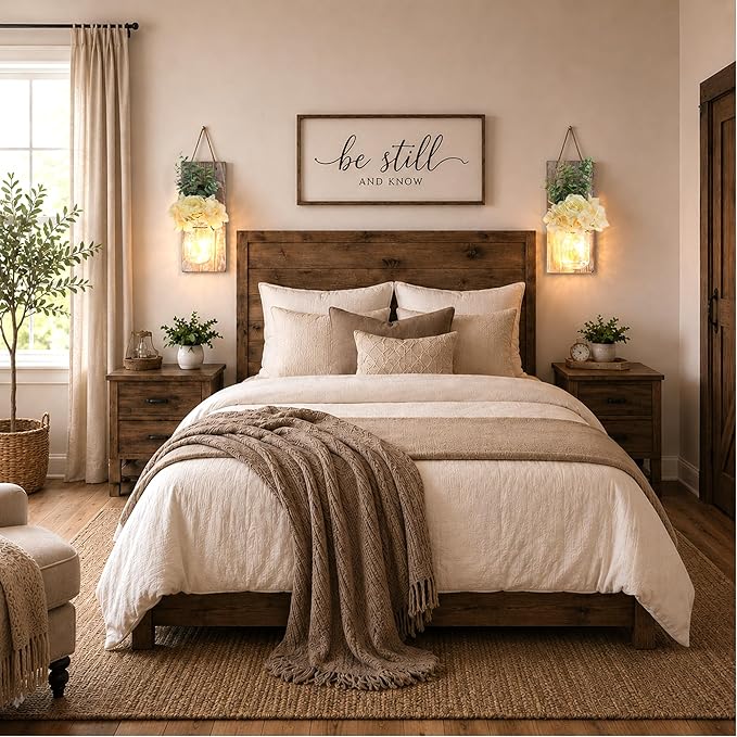 Rustic Wall Decor Set of 2, Modern Farmhouse Decor Living Room for Home Living Room Bedroom Decorations with Rose Bouquet Flowers and Remote LED Fairy Lights (X-Large Brown)