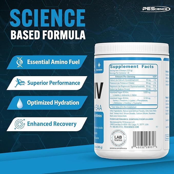 PEScience Amino IV BCAA & EAA Powder, Essential Amino Acids, Taurine, Electrolytes for Hydration and Muscle Recovery, Sugar Free for Men & Women, Post Workout - Strawberry Lemonade, 30 Servings