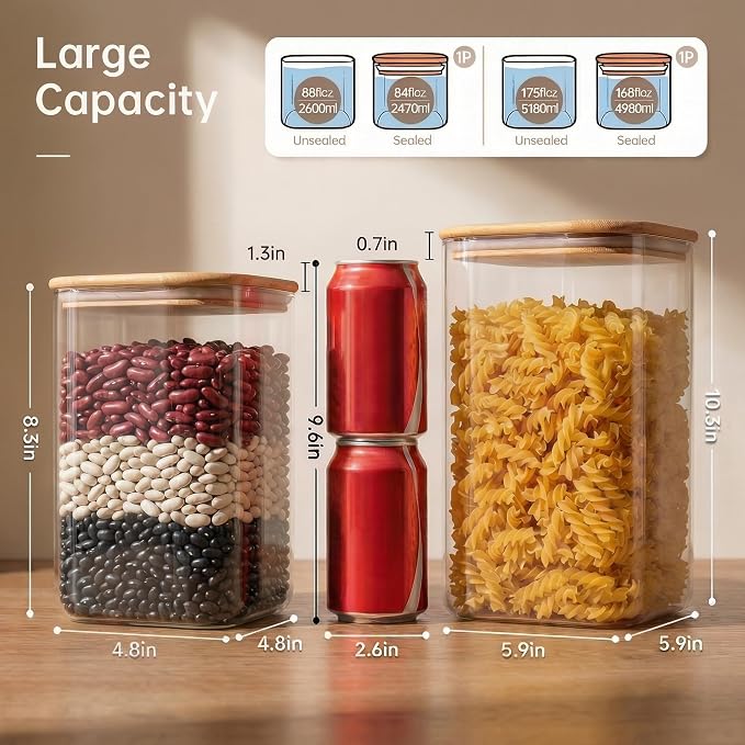 168oz & 84oz Large Glass Storage Containers with Lids for Pantry Storage-2P | Square Borosilicate Glass Jar with Airtight Lid Keep Flour, Sugar & Rice Fresh, Fit 10lb Bag, BPA-Free for Pantry Organizer