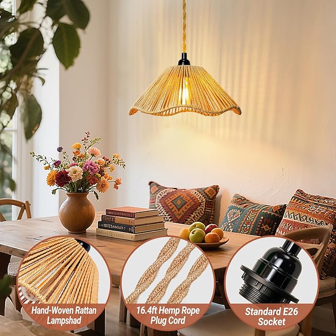 Hanging Lights with Plug in Cord Rattan Hanging Lamp Boho Ceiling Light Fixtures Farmhouse Pendant Lamp Shape for Living Room Bedroom Kitchen