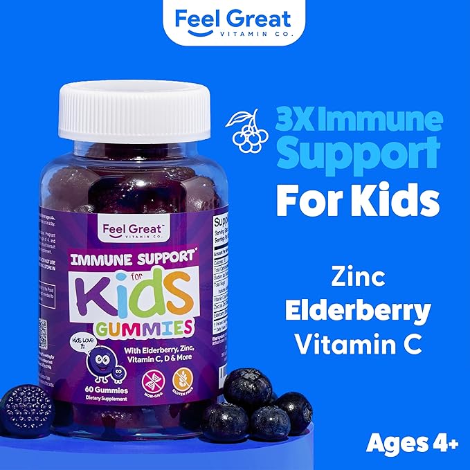 Soutien immunitaire optimal pour les enfants | Gommes de Vitamine C, Zinc et Sureau | Multivitamine immunité Sambucus Nigra | Végétarien | 60 jours de traitement