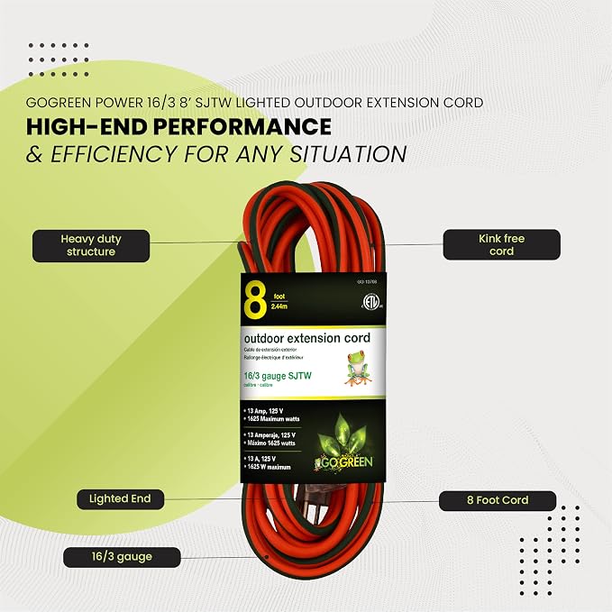 Go Green Power Inc. GG-13708 16/3 Heavy Duty Extension Cord-Orange, 8 ft (Pack of 2)