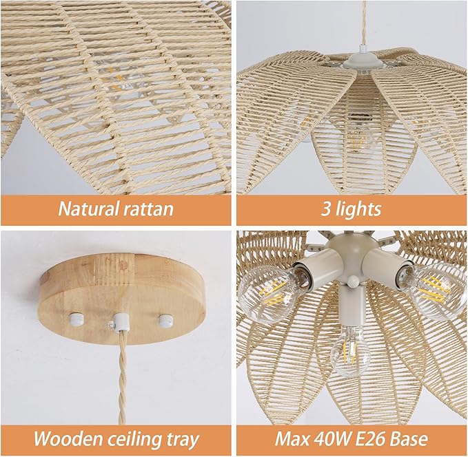 24”Hand Woven White Rattan Chandelier, 3-Lights Boho Light Fixture Adjustable Coastal Pendant Light for Kitchen Island Dining Living Room