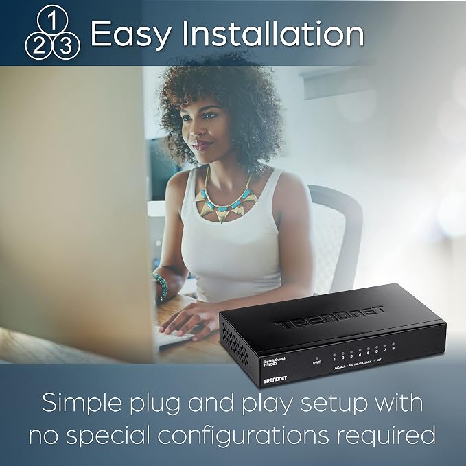 TRENDnet 8-Port Gigabit Desktop Switch, TEG-S83, 8 x Gigabit RJ-45 Ports, Ethernet Splitter, 16Gbps Switching Capacity, Fanless Design, Metal Enclosure, Lifetime Protection, Black