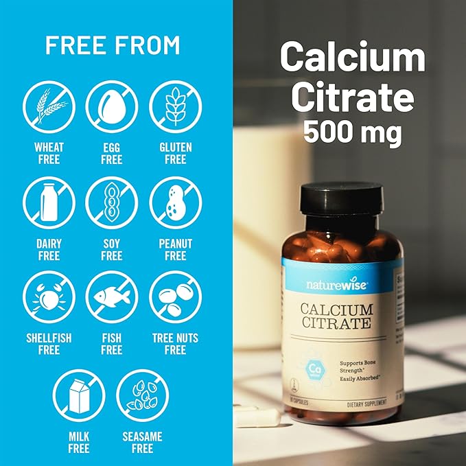 NatureWise Calcium Citrate 500mg Capsules - Supplement for Bone Health - Easy to Digest & Absorb - Vegan, Non-GMO, Gluten-Free - 180 Count[60-Day Supply]