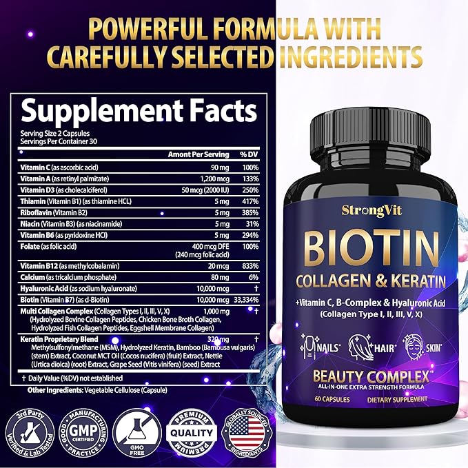 StrongVit Biotin with Hyaluronic Acid, Keratin and Collagen Supplements - 10000mcg for Hair Growth Women and Men - Hair Skin and Nails Vitamins - 60 Capsules