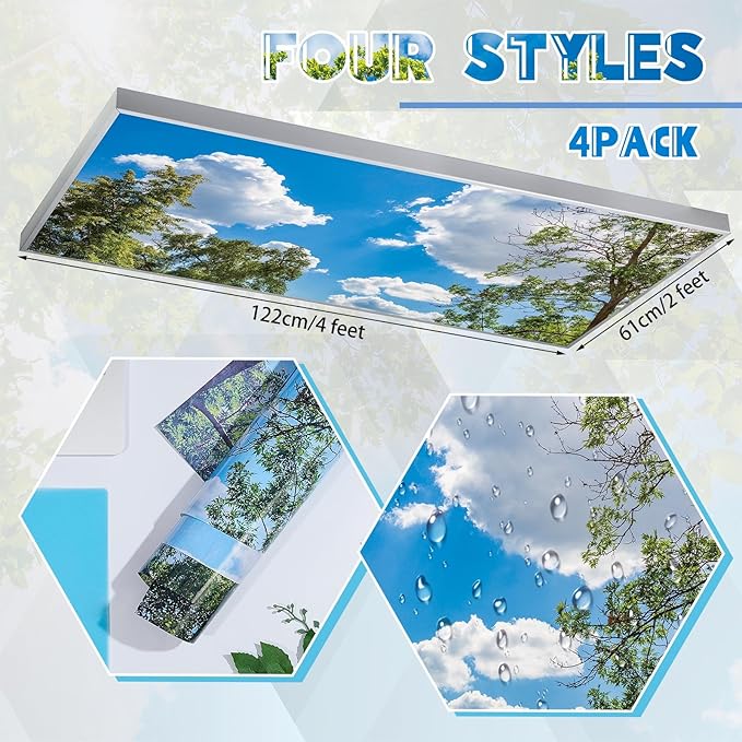 Amylove 4 Pcs Fluorescent Light Covers Classroom Ceiling Panels Light Filters with Backlit Film Material for Office School, 4 x 2 Feet(Charming Color,Blue Sky, Leaves)