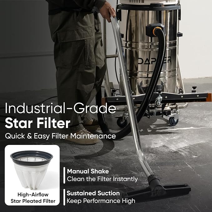 Dapper Supply 21 Gallon Heavy-Duty Industrial Wet/Dry Vacuum, Dual Motor, 3.3 HP, 222 CFM, 27" Squeegee, 120V/20A Plug, 2 Year Warranty - Ideal for Construction Sites, Warehouses & Industrial Cleanup