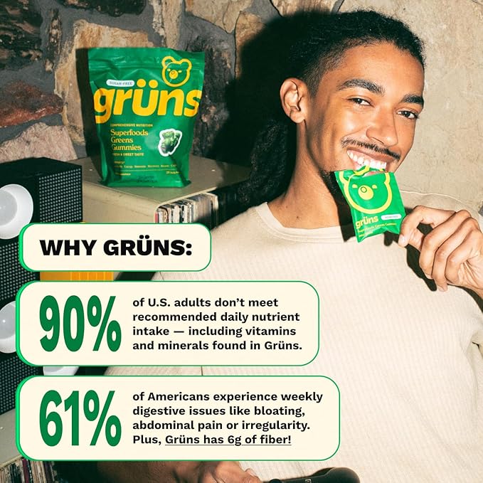 Gruns 大人用シュガーフリー・スーパーグリーンズグミ、スピルリナ、クロレラ、食物繊維、プレバイオティクス配合で消化器の健康をサポートするスーパーフード・ビタミン・グミベア、アダプトゲンサプリメント、20種のビタミン＆ミネラル、28袋