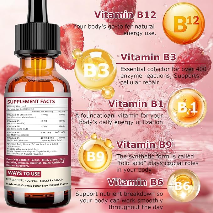 液体ビタミンB12ドロップ 5000mcg - 高吸収B12メチルコバラミン（B1、B6、B3、葉酸、ナイアシン配合）- エネルギー代謝と脳機能のための高速吸収舌下B-12ドロップ、ビーガンBコンプレックス