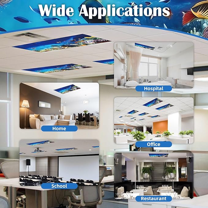 ANGSYLTH 8 Pcs Fluorescent Light Covers - 4 x 2 Feet Covers for Ceiling Lights, 8 x 10 Magnetic Light Filters for Classroom, Office, Hospitals (Underwater World)