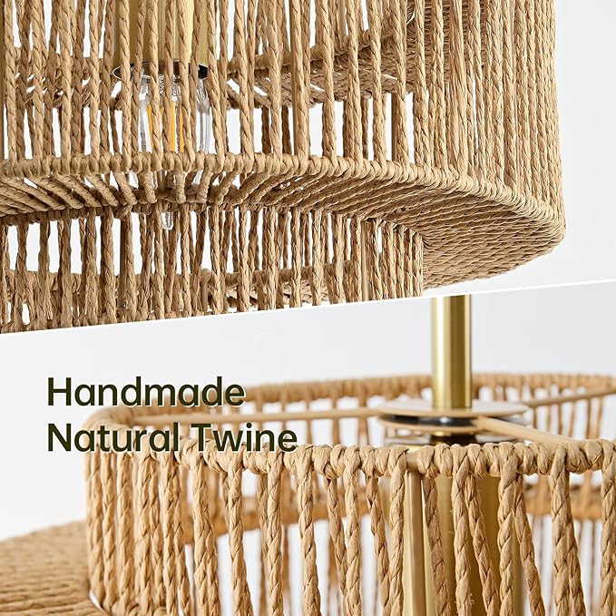 12.4” Boho Rattan Chandelier for Dining Room, 1-Light Hand Woven Farmhouse Pendant Light Fixture, Coastal Wicker Hanging Ceiling Light for Kitchen Island Living Room Bedroom Entryway Foyer