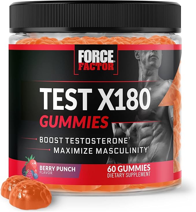 Force Factor Test X180 Gummies Testosterone Booster for Men with Tongkat Ali, Horny Goat Weed, Tribulus Terrestris, Fenugreek, & Black Maca, Testosterone Supplement for Men, Berry Punch, 60 Gummies