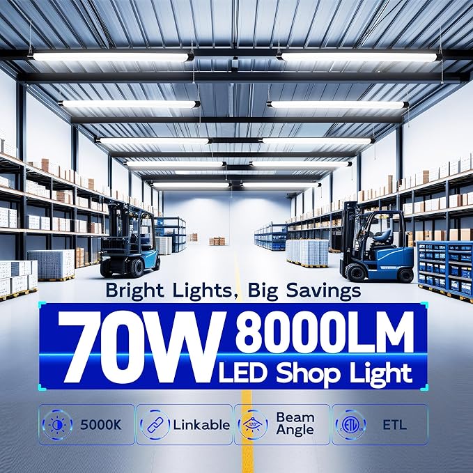 hykolity 4FT 70W LED Shop Light Linkable, 8000lm(300w Equivalent), 5000K Utility Shop Lights for Garages, Workshops, Basements, Hanging or FlushMount, with Power Cord and Pull Chain, ETL, Black,1 Pack
