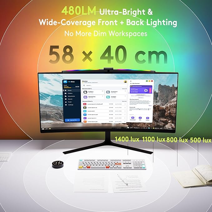Quntis Curved Monitor Light Bar 15 RGB Backlight for 34"+ Screens, Computer Bar Lights Foldable Dual Light with Color Temperature Brightness Stepless Dimming, No Glare Desk Lamp for Home Office Gaming