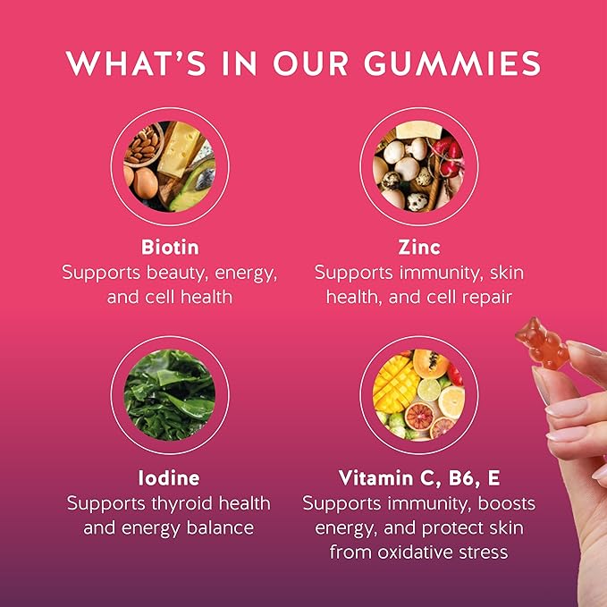 Gummies à la biotine pour cheveux, peau et ongles. 5 000 mcg de vitamines végétaliennes haute puissance pour une pousse de cheveux plus rapide, des ongles plus forts et une peau saine. Avec vitamines C et E, 60 gummies