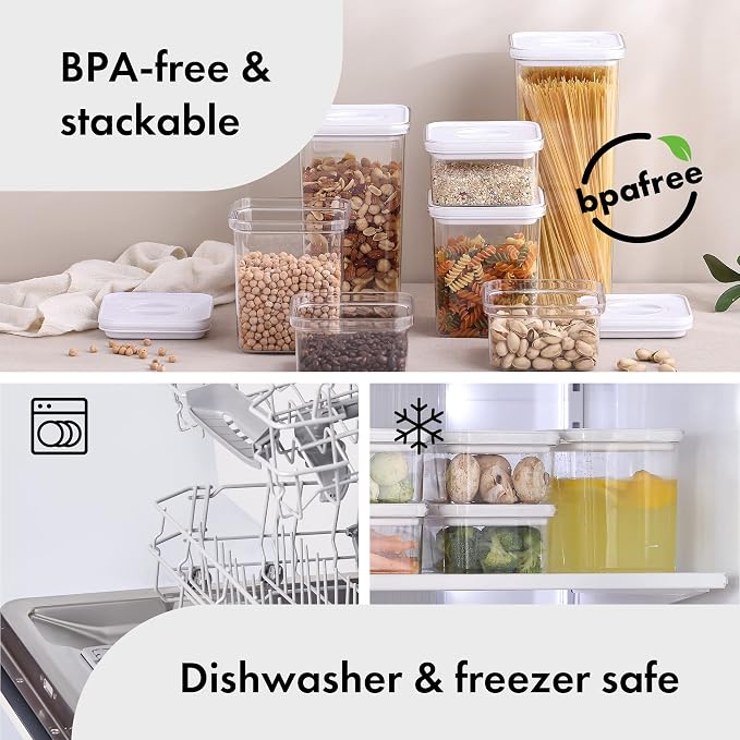Neoflam Smart Seal 4pc Patent Airtight Kitchen Pantry Canister/Organizer Clear Plastic Container, Simple Twist Lids, 100% Leak Proof, Dishwasher Safe, BPA Free, 4 Piece Dry Food Storage Set, White