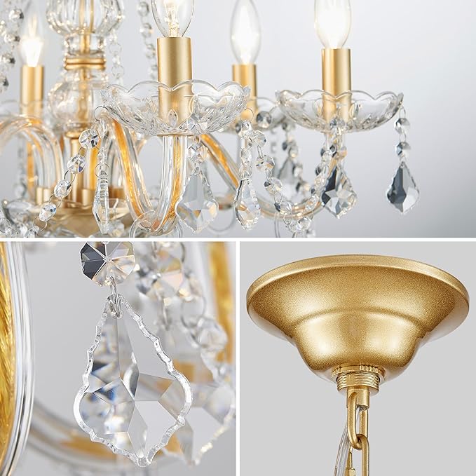 Crystal Chandelier Light Fixture, Modern K9 Crystal Chandeliers for Dining Room, 6-Lights Gold Ceiling Light, Adjustable Hanging Pendant Light Fixture for Living Room Entryway Kitchen Island Hallway