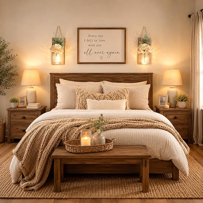 Wall Sconces Set of 2 with Remote, Farmhouse Wood Wall Art Decor for Home Living Room Bedroom Decorations with Rose Bouquet Flowers and LED Fairy Lights (Large Brown)