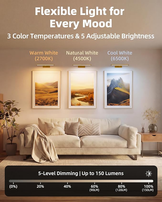 EZVALO Picture Light for Wall, 4800mAh Rechargeable Wireless Remote, 13'' Dimmable Magnetic LED Art Display Light with 3 Color Temperatures, for Gallery, Living Room, Bedroom, Hallway (Gold)