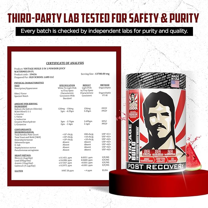 Old School Labs Vintage Build Post-Workout Recovery Powder Drink with BCAAs, Creatine & L-Glutamine to Support Muscle Recovery & Strength for Men & Women – Juicy Watermelon, 30 Servings