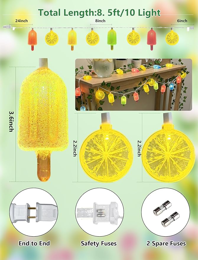 8.5FT Popsicle and Lemon String Lights, Tropical Beach Decorations Lights with 10 Multicolor Popsicle Lemon Bulbs, UL Listed Waterproof Fairy Lights for Summer Party Patio Bedroom Holiday Camping