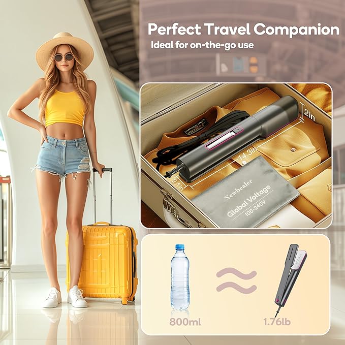 Newbealer 3in1 Travel Iron, 100-240V Clothes Steamer,2 Steam Levels,Ashpink | Portable for On-the-Go, Heats in 20s, Dry Iron w/ Clamp, 180° Rotatable Head, 360° Leak-Proof, Auto-Off, Self-Cleaning, 90ml