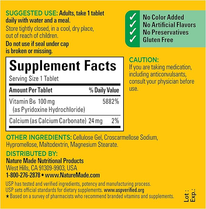 Nature Made Vitamin B6 100mg, B6 Vitamins for Energy Metabolism Support, 100 Tablets, 100 Day Supply