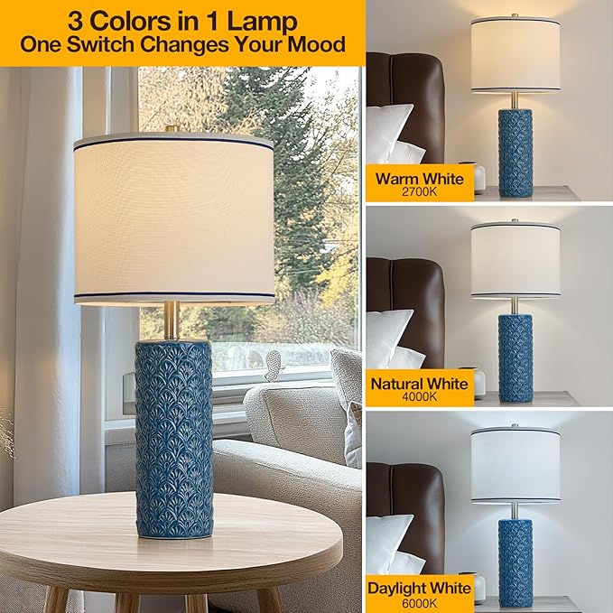 27" Farmhouse Bedside Table Lamp Set of 2, Bule Modern Ceramic Lamps for Living Room, 3 Color Temperature Rustic Table Lamps for Bedroom, Night Stands, Dorm,Office, Home Décor (Bulb Included)