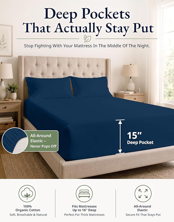 LANE LINEN Twin XL Fitted Sheet, 100% Organic Cotton 2-Piece Set (1 Fitted Sheet, 1 Pillowcase), Percale Weave, Bottom Sheet, Soft, Breathable, Fits Mattress Upto 15" Deep - Navy (No Flat Sheet)