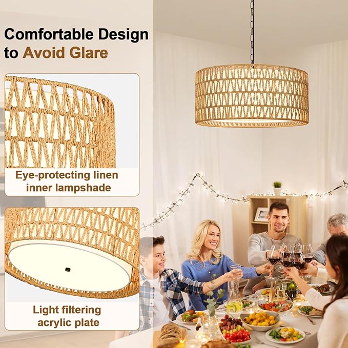 9"-52" Height Adjustable Farmhouse Chandelier Light Fixture, 5-Light Rattan Boho Chandeliers for Dining Room, Hand Woven Pendant Light with Linen Shade, Rustic Hanging Lighting for Kitchen Island