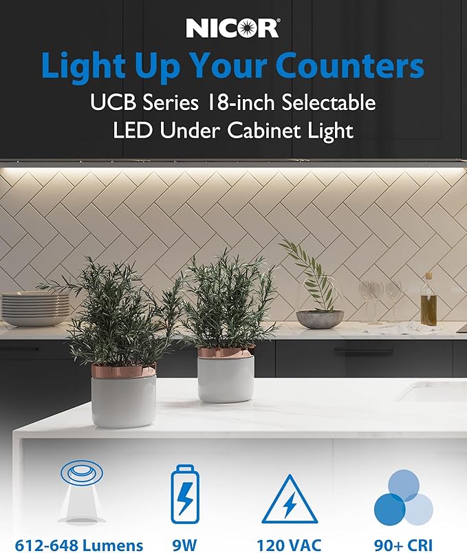 18” LED Direct Wire Under Cabinet Light - Dimmable Undercounter LED Lights for Kitchen - Selectable CCT 2700K-5000K, 612-648 Lumens, 9W - UCB Series Hardwired Under Cabinet Lighting by NICOR Lighting