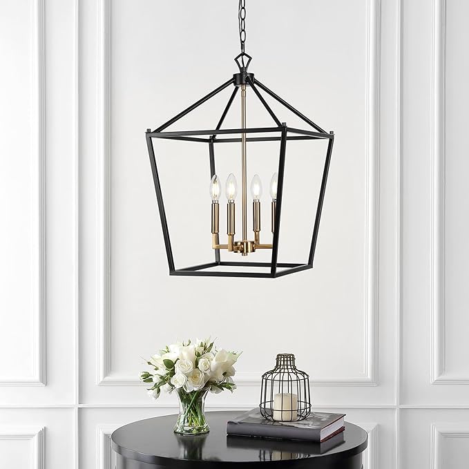 JONATHAN Y 16" Oil Rubbed Bronze/Brass Gold Lantern Pendant Light, 1-Light Pagoda Style Metal Cage Farmhouse Hanging Ceiling Fixture for Kitchen Island, LED Bulb Included (JYL7437D)